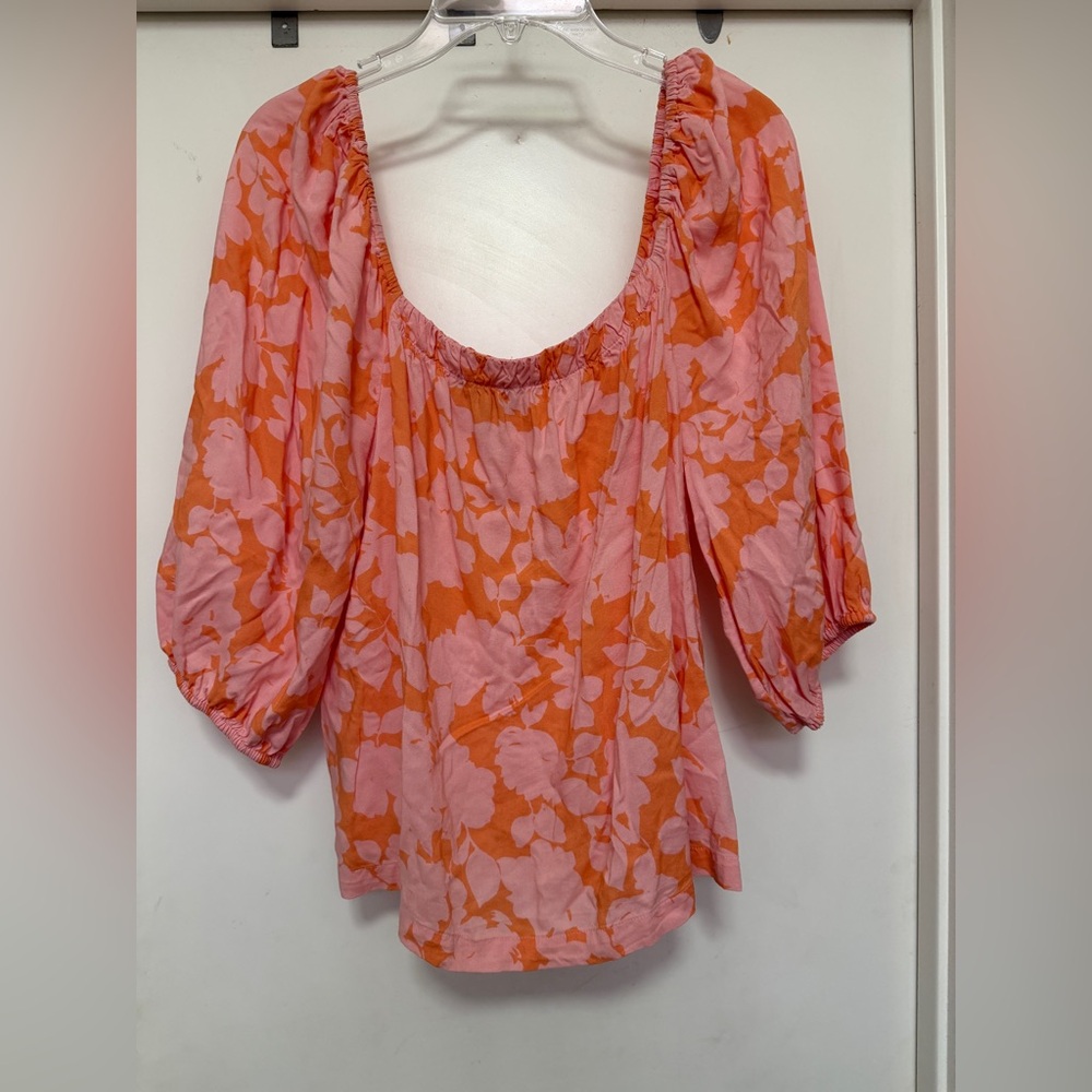 Sanctuary Square-Neck Elbow-Length Puff Sleeve Rayon Top XL - floral pink/orange - Picture 3 of 8